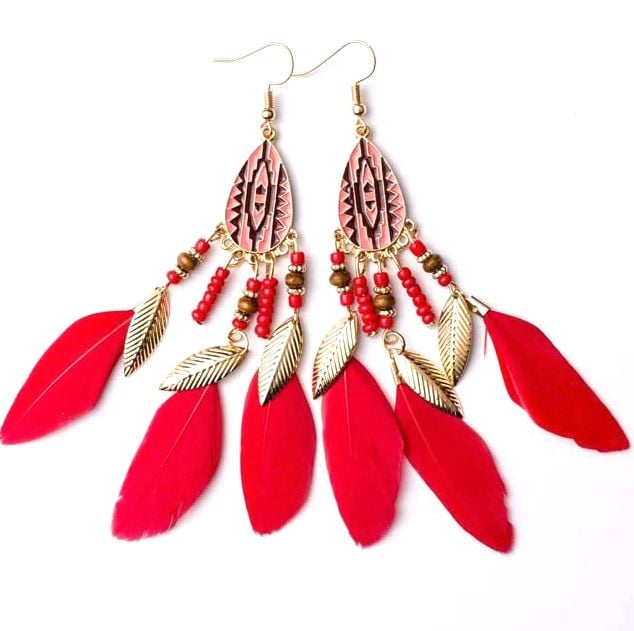 Red Gold 3 Feather Earrings Long | Feather Planet