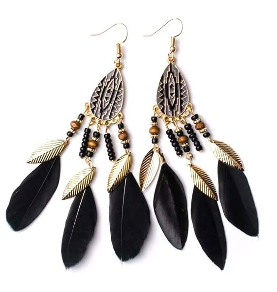 Black and Gold Feather Earrings with Beaded Tribal Detail