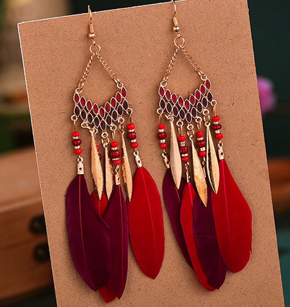 Red, Burgundy and Gold Feather Earrings with Beaded Tribal Detail