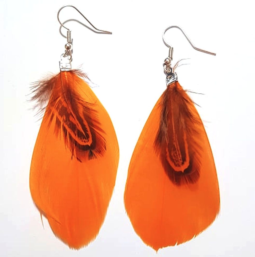 Orange Mango Feather Earrings with Goose and Ringneck Feathers