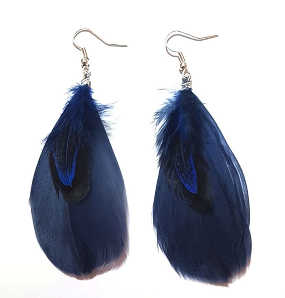 Navy Blue Feather Earrings with Goose and Ringneck Feathers