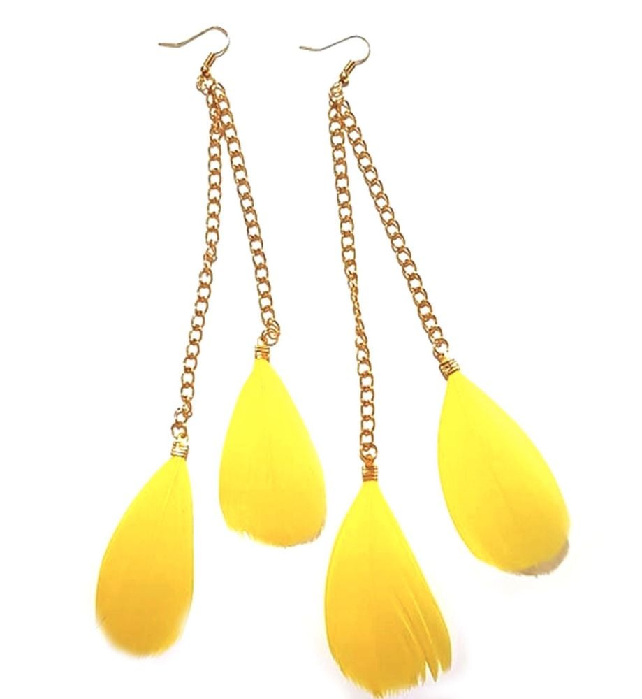 Yellow Feather Earrings - 2 Feathers with Gold Earring