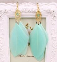 Mint Green and Gold Feather Earrings