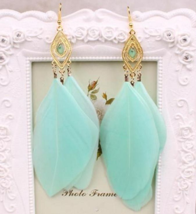 Mint Green and Gold Feather Earrings