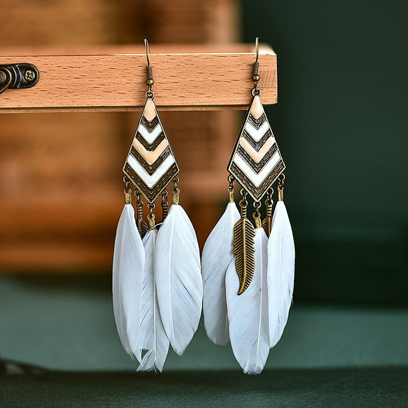 White and Gold Feather Earrings with Antique Gold Feather Charms