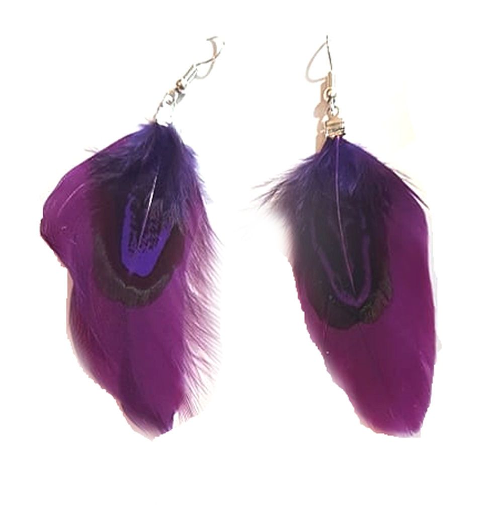 Plum Purple Feather Earrings with Goose and Ringneck Feathers