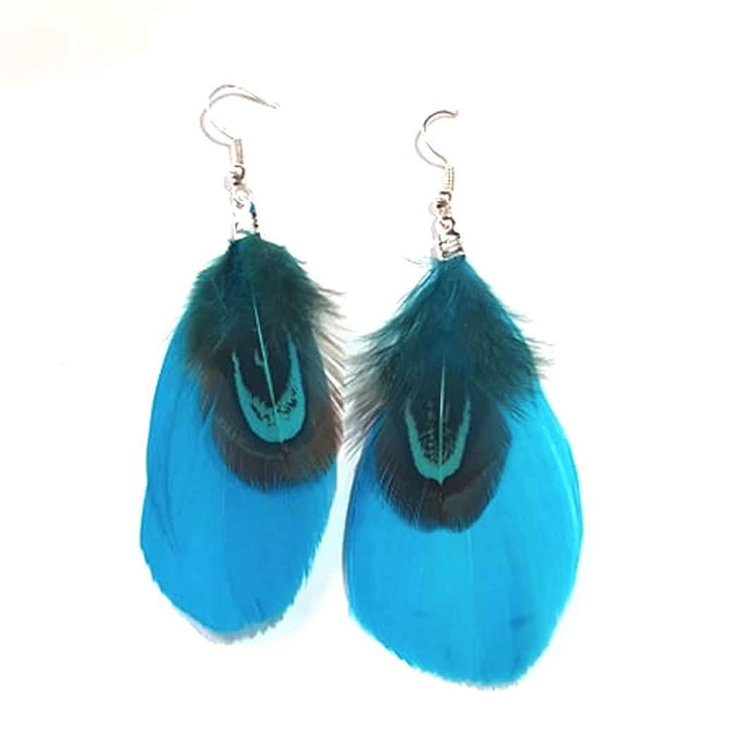 Deep Turquoise Feather Earrings with Goose and Ringneck Feathers