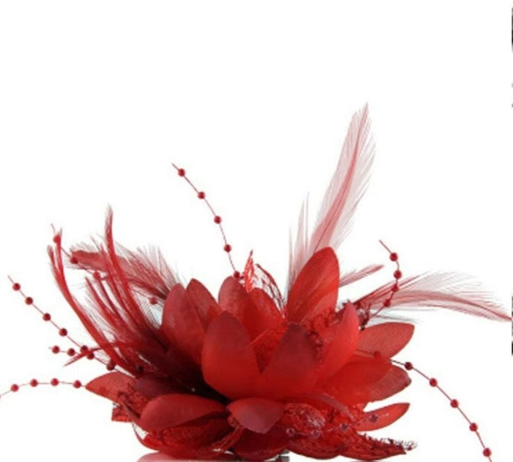 Red Floral Corsage Style Hair Clip Accessory