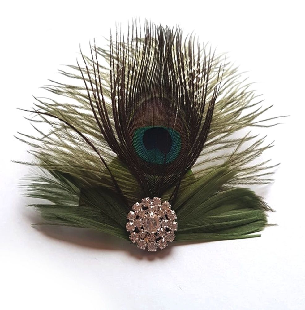 Olive Moss Green Feather Hair Clip with Peacock Feather