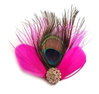Shocking Pink Feather Hair Clip with Peacock Feather