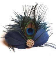 Navy Blue Feather Hair Clip with Peacock Feather