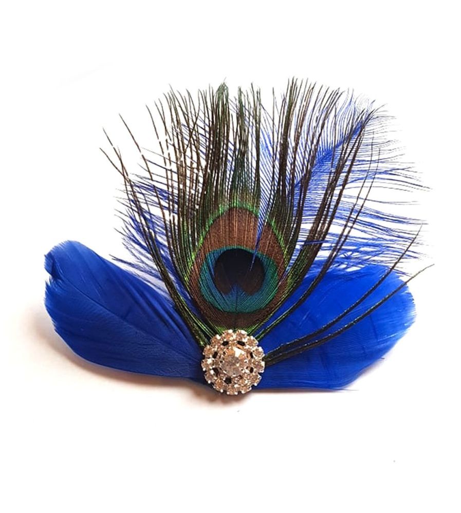 Royal Blue Feather Hair Clip with Peacock Feather
