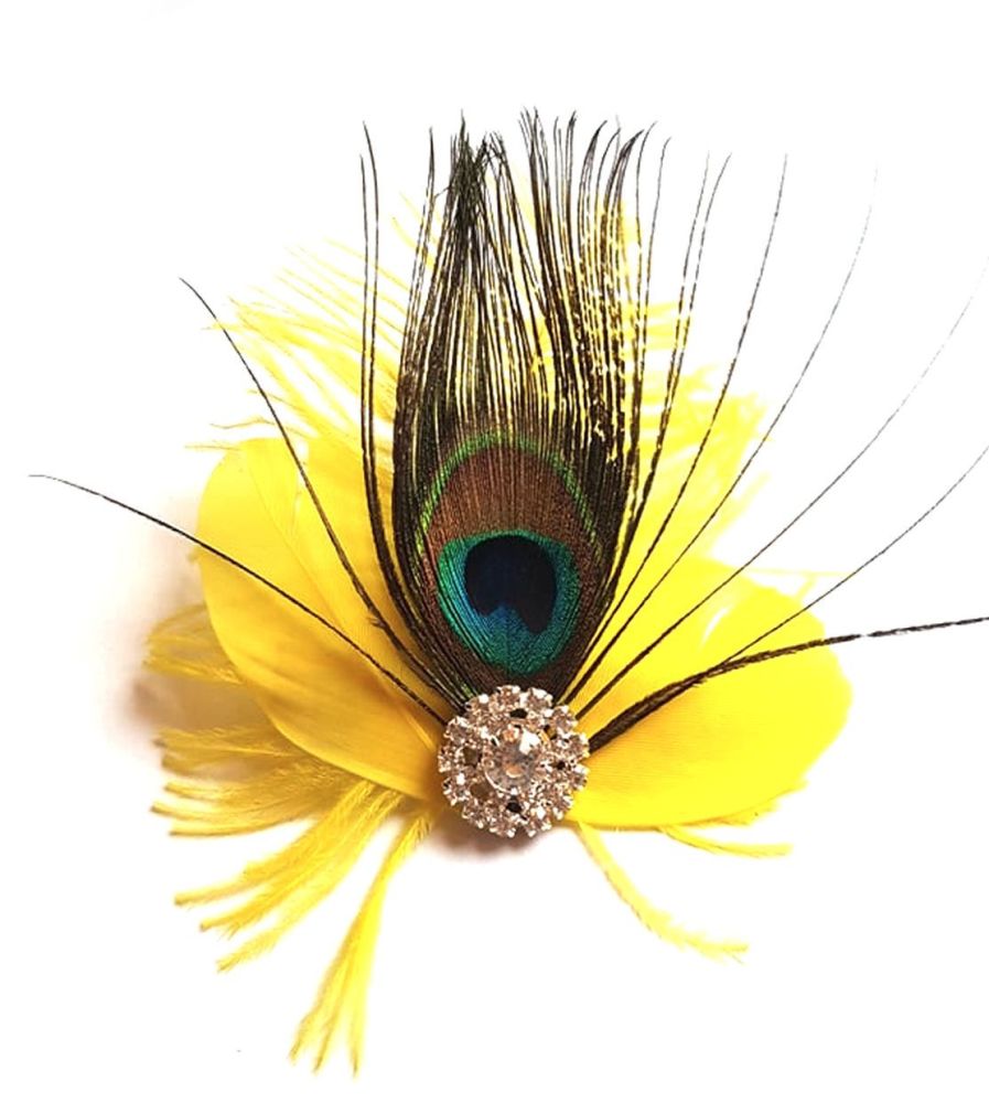 Yellow Feather Hair Clip with Peacock Feather
