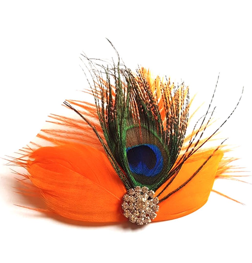Orange Feather Hair Clip with Peacock Feather