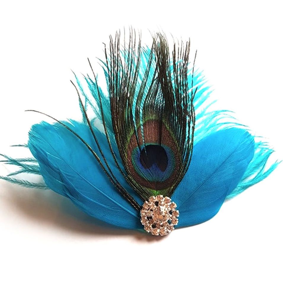 Turquoise Blue Feather Hair Clip with Peacock Feather
