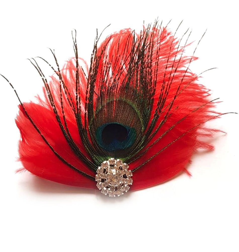 Red Feather Hair Clip with Peacock Feather