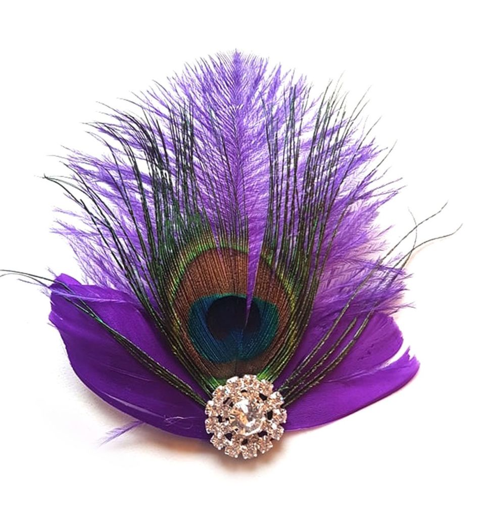 Purple Feather Hair Clip with Peacock Feather