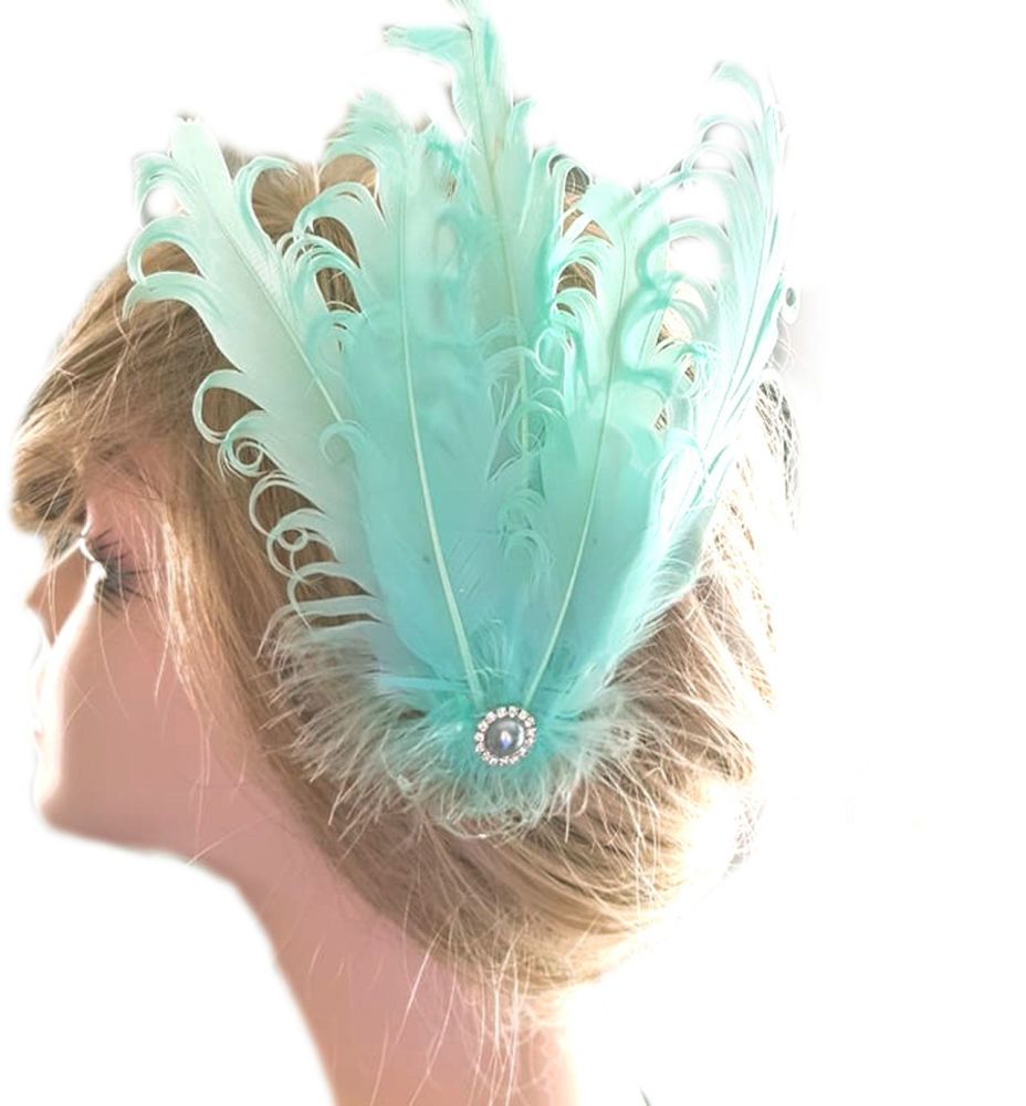 Mint Green Feather Headpiece Hair Piece Vintage Flapper 1920s 