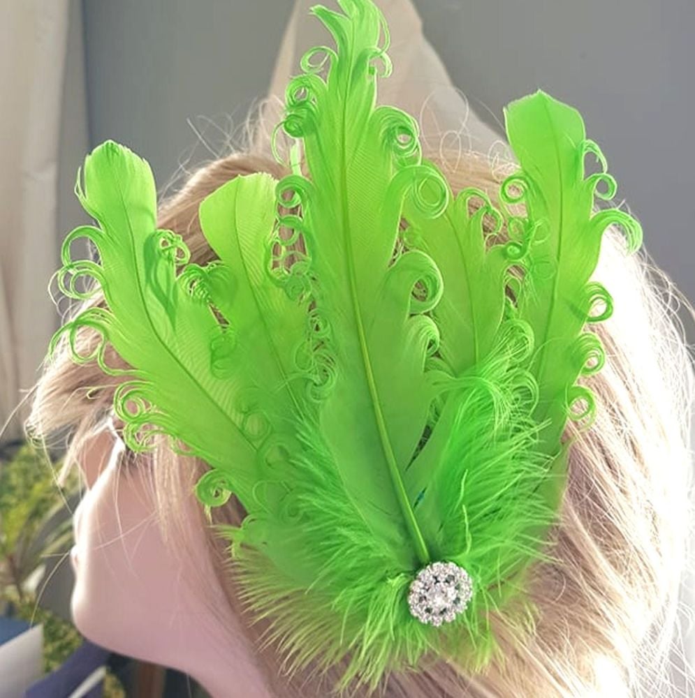 Lime Green Feather Headpiece Hair Piece Vintage Flapper 1920s 