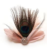 Dusky Rose Pink Feather Hair Clip with Peacock Feather