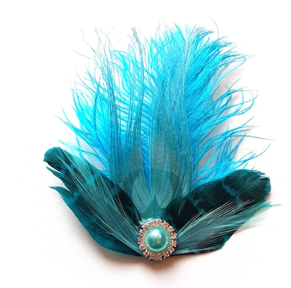 Turquoise Blue Feather Hair Clip with Pale Blue Peacock and Ostrich Feather
