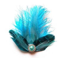 Turquoise Blue Feather Hair Clip with Pale Blue Peacock and Ostrich Feathers