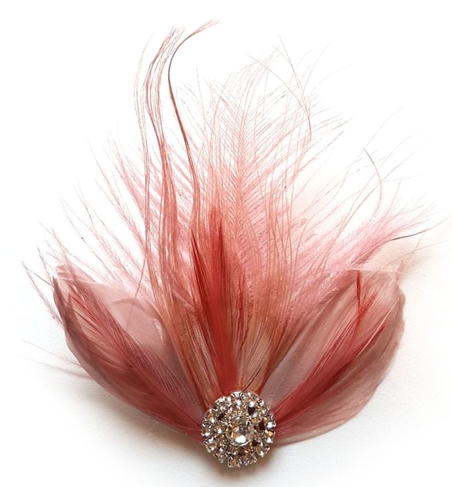 Dusky Rose Pink Feather Hair Clip with Rose Pink Peacock and Ostrich Feathe