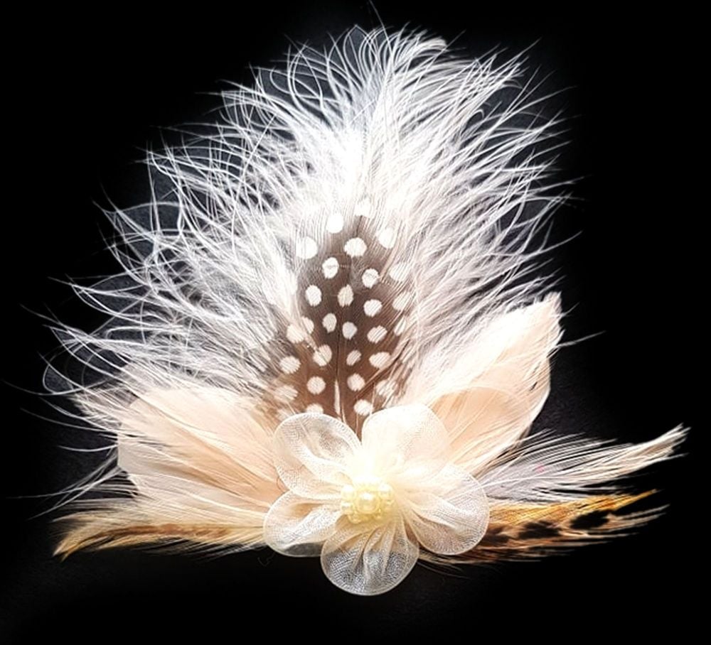 Cream Champagne Feather Hair Clip with Marabou and Guinea Feathers