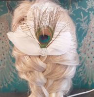 White Feather Hair Clip with Peacock Feather