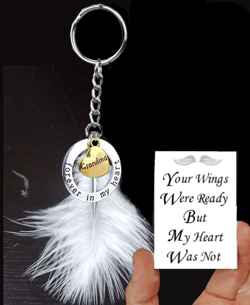 Grandma Memorial Keyring with Real White Feather