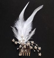 Bridal Feather Hair Comb with White Feathers and Crystals