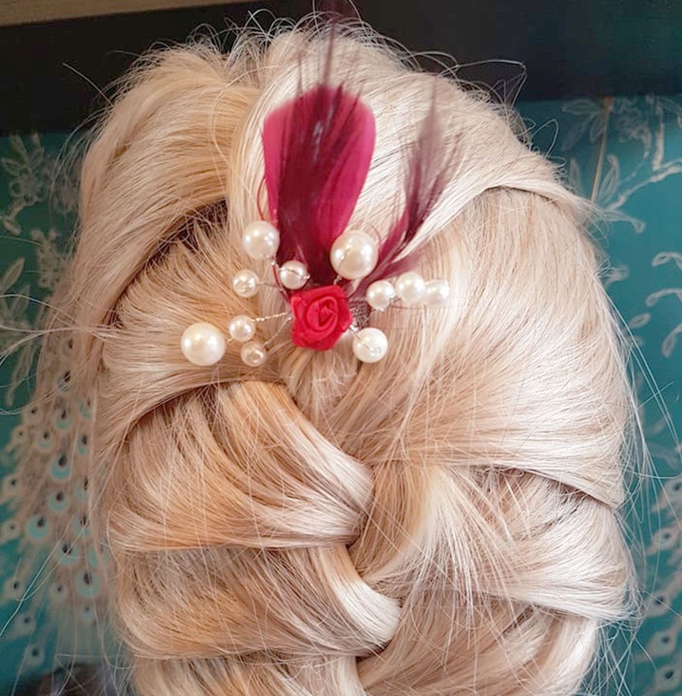 Red and Burgundy Feather Hair Grip 