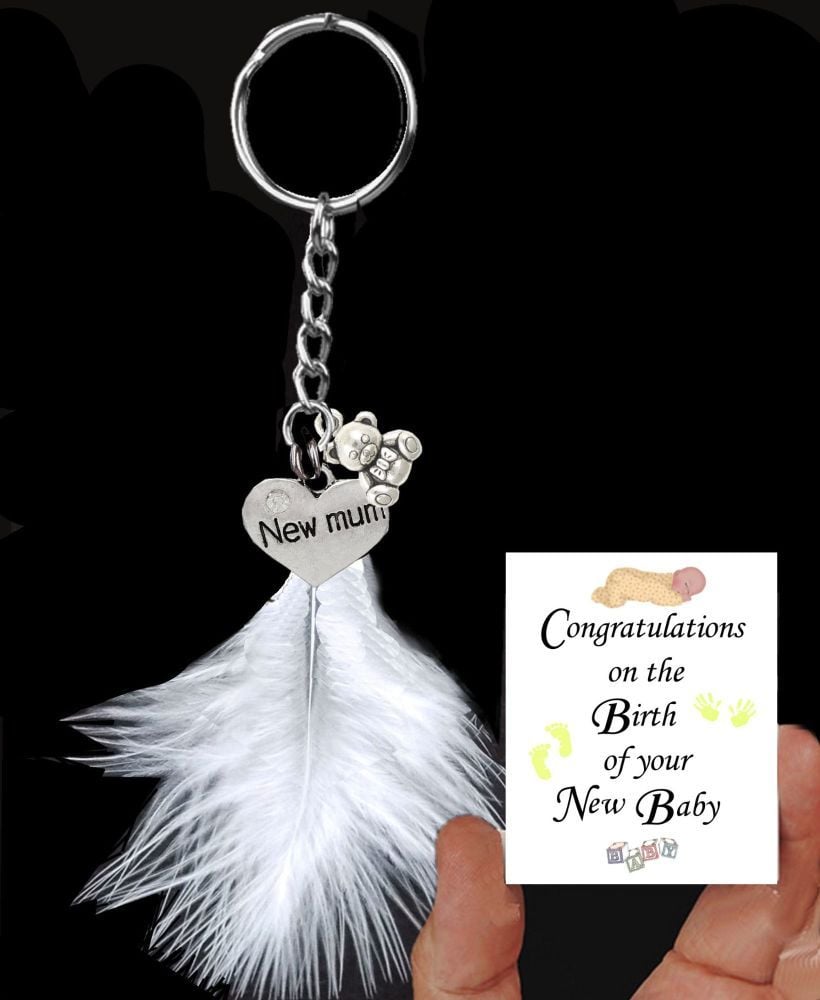 New Baby Keepsake Keyring with Silver Charms and a White Feather