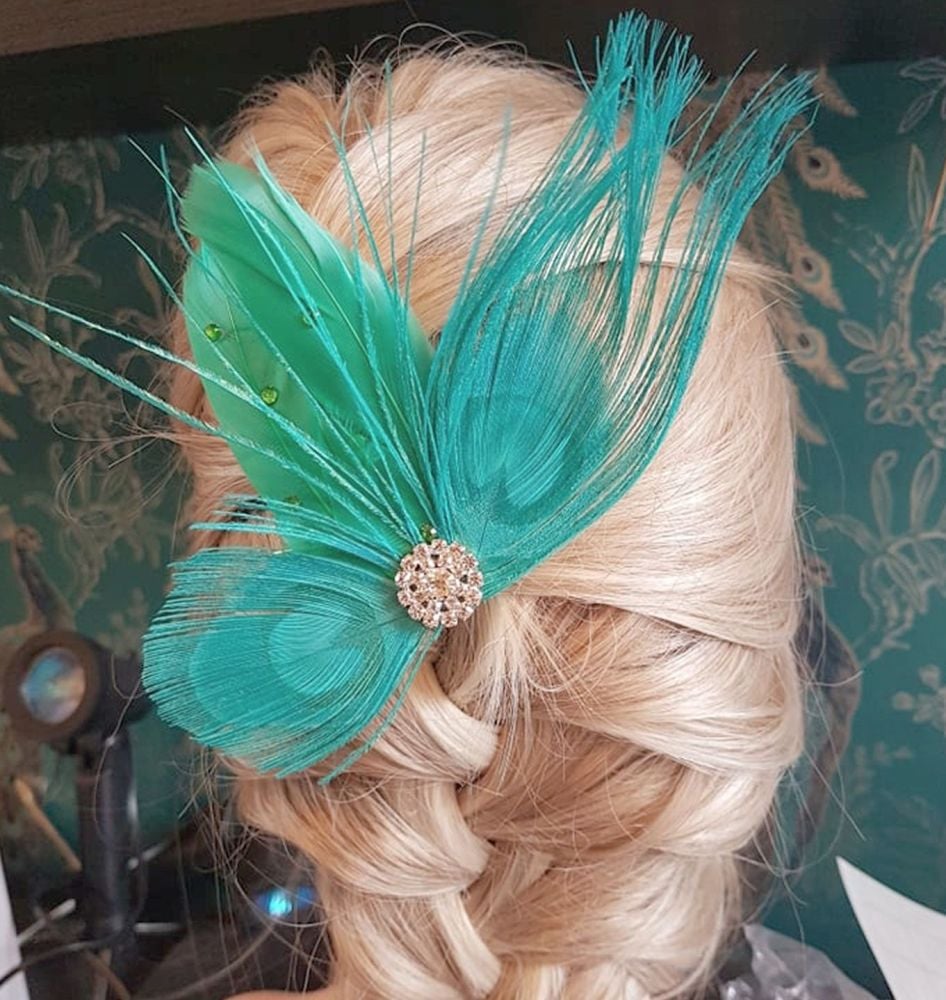 Jade and Emerald Green Feather Hair Clip 