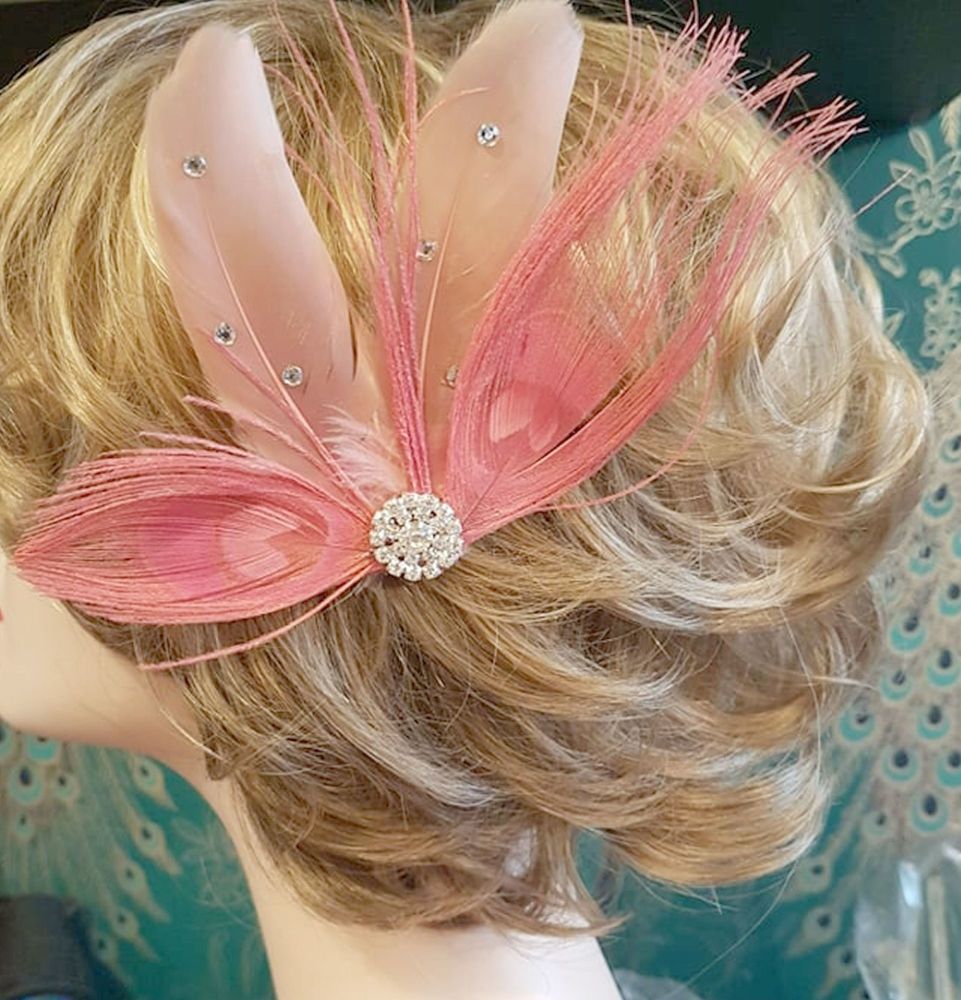 Dusky Rose Pink Green Feather Hair Clip 