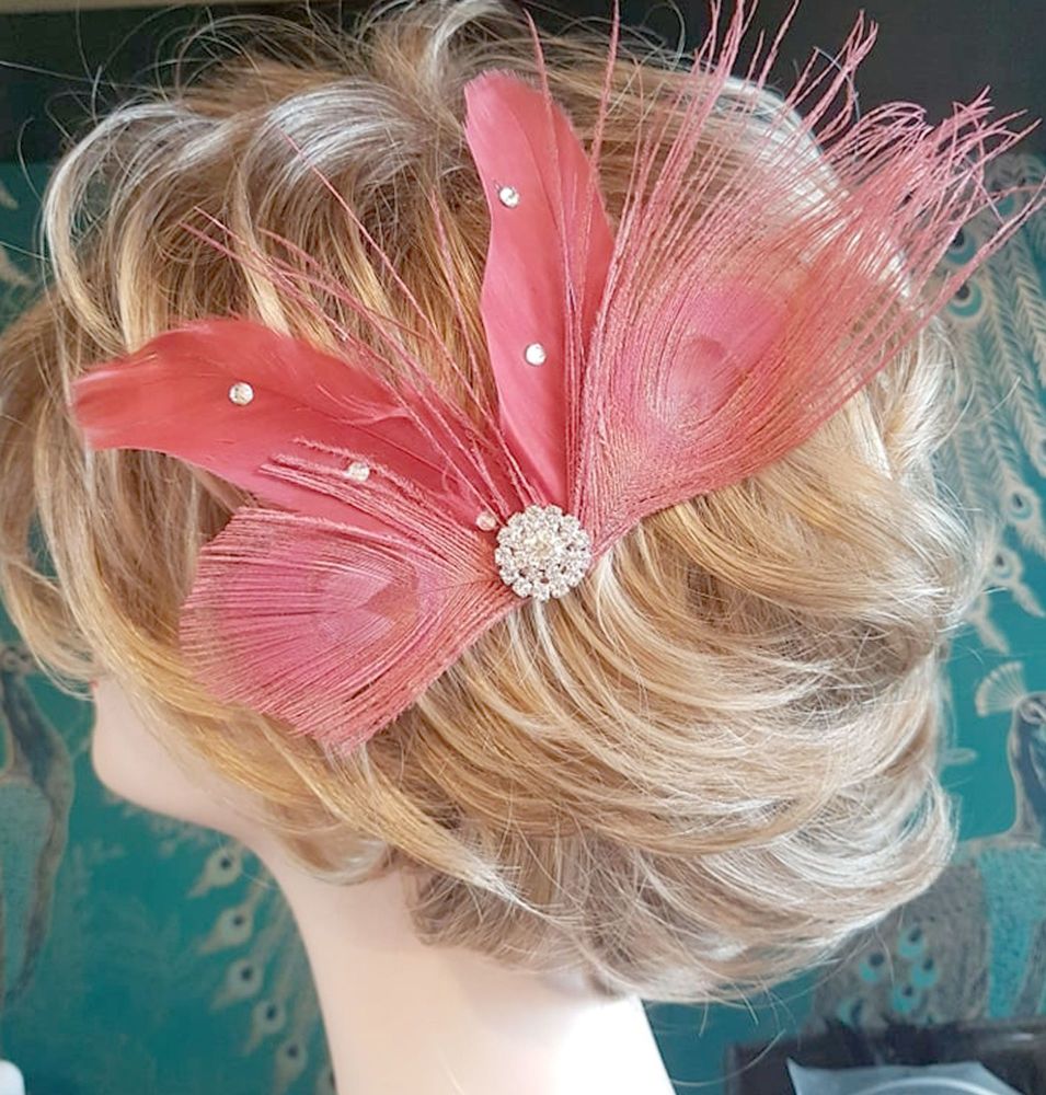 Grey  Red Asst Color  Silver Feather Fascinator Diamante Hair Clip Vintage Style 