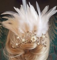 Bridal Feather Hair Comb with White Feathers, Pearls and Crystals