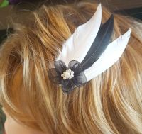 Black and White Feather Hair Clip with Flower and Pearl Embellishment