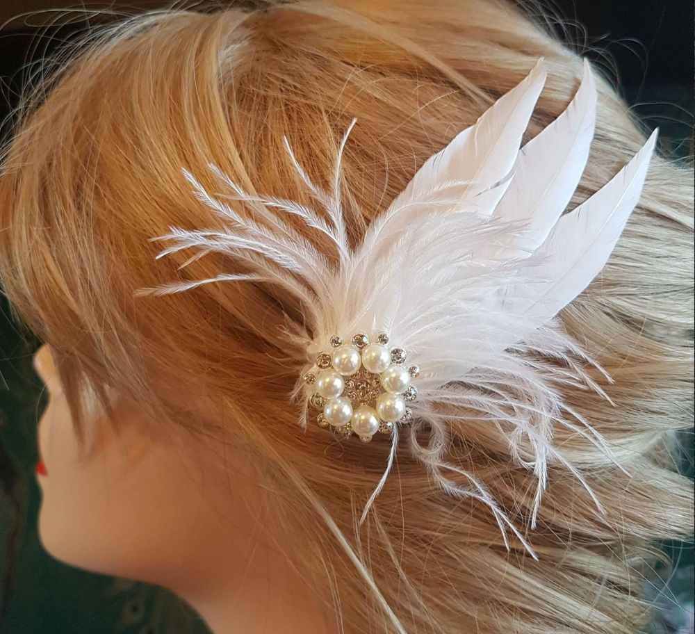 Bride Feather Hair Clip with White Feathers, Pearls and Crystals