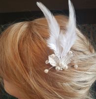 Bridal Feather Hair Grip with White Feathers, Silver Leaf, Crystal and Pearls
