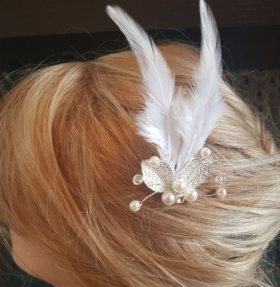 Bridal Feather Hair Grip with White Feathers, Silver Leaf, Crystal and Pear