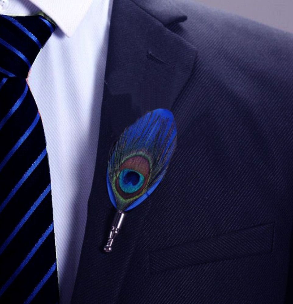 Peacock and Royal Blue Feather Buttonhole