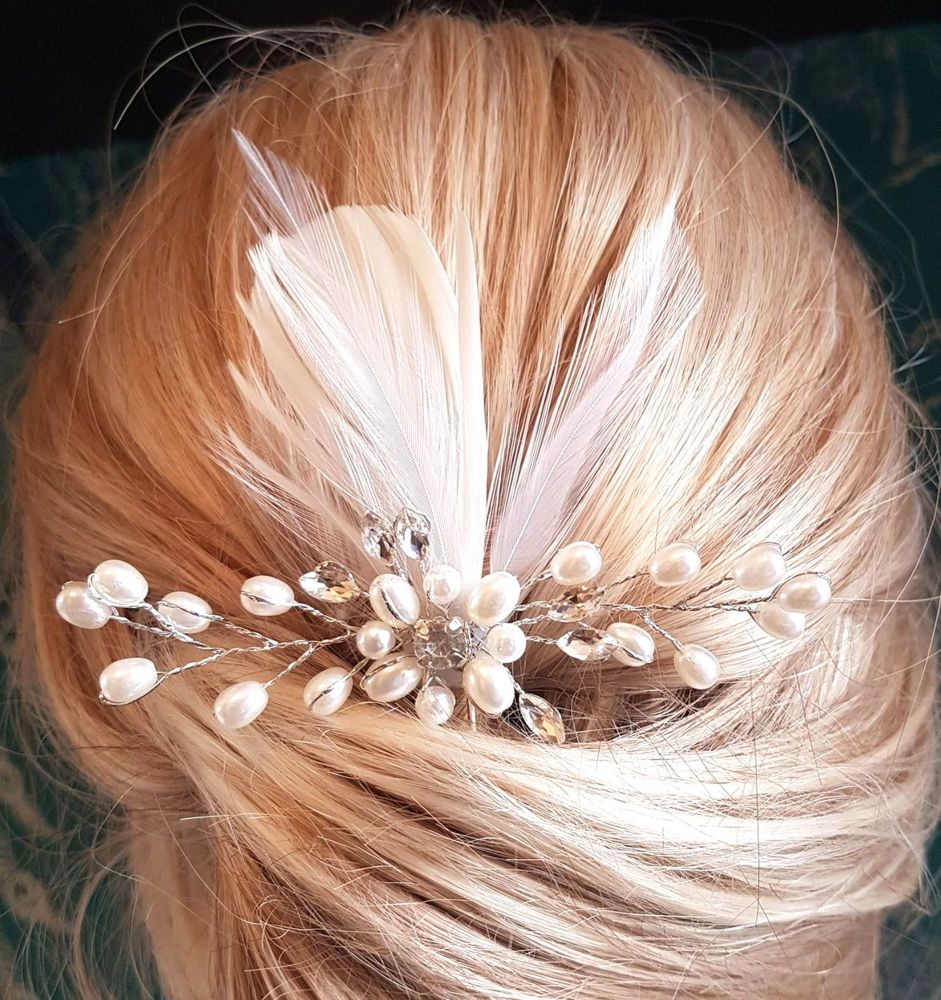 Bridal Hair Grip with Ivory and  White Feathers, Rhinestones and Pearls