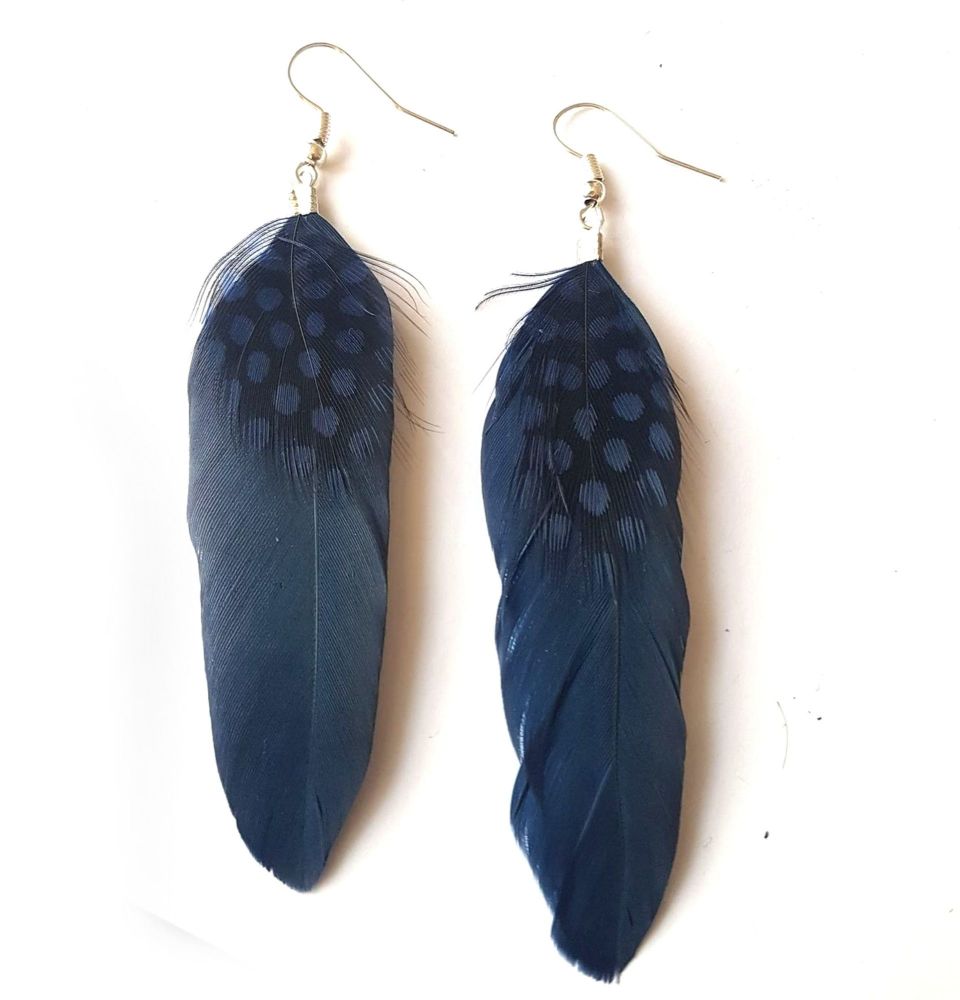 Navy Blue Goose and Guinea Feather Earrings