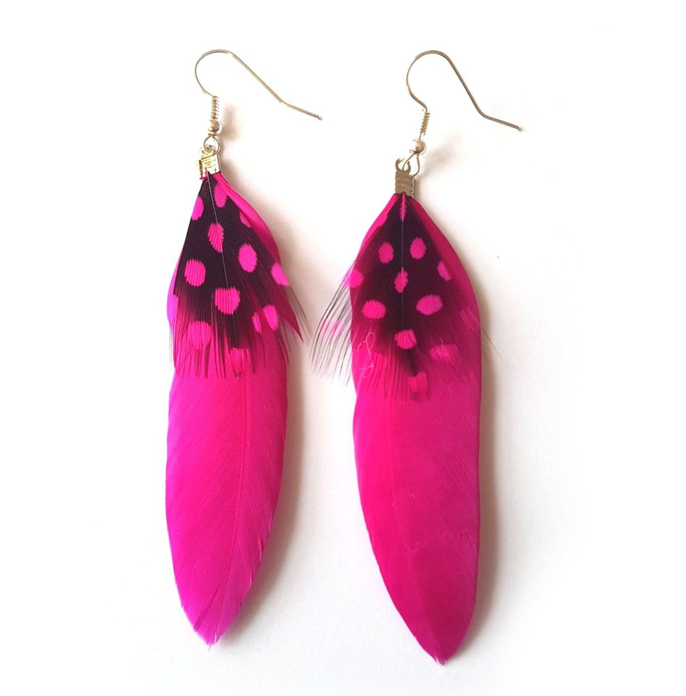 Dark Pink Goose and Guinea Feather Earrings