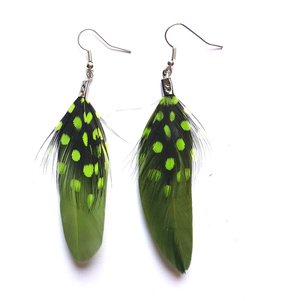Olive Green Goose and Guinea Feather Earrings
