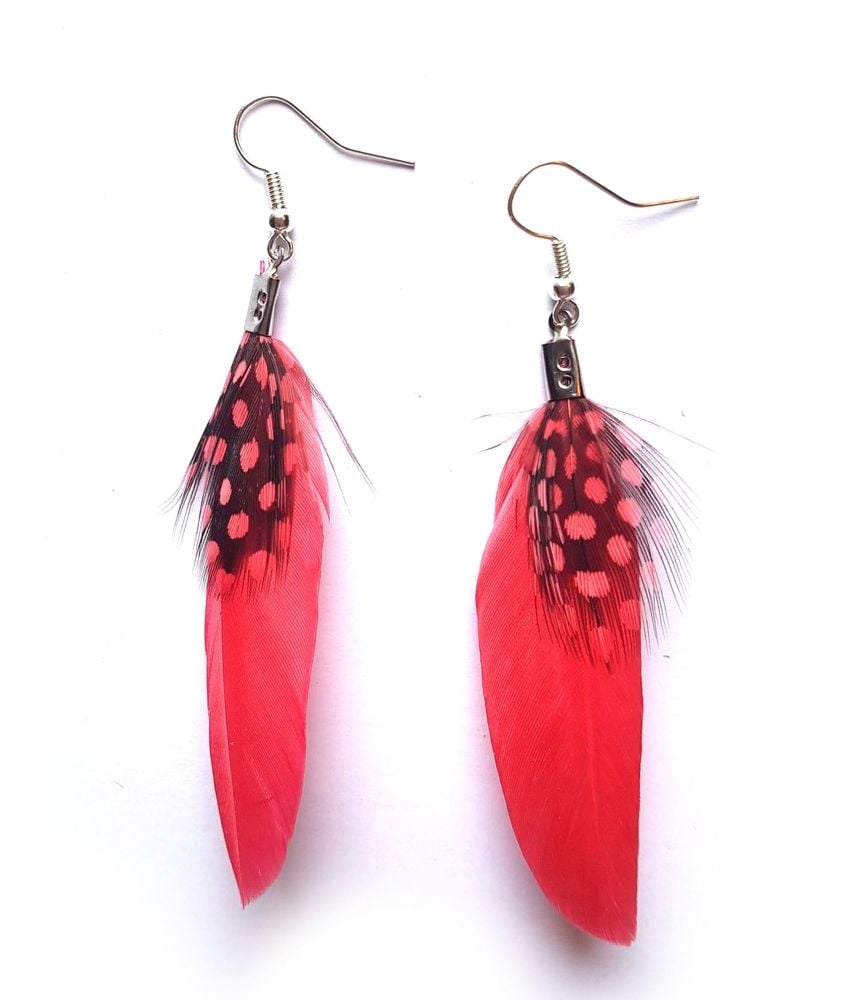 Coral Goose and Guinea Feather Earrings