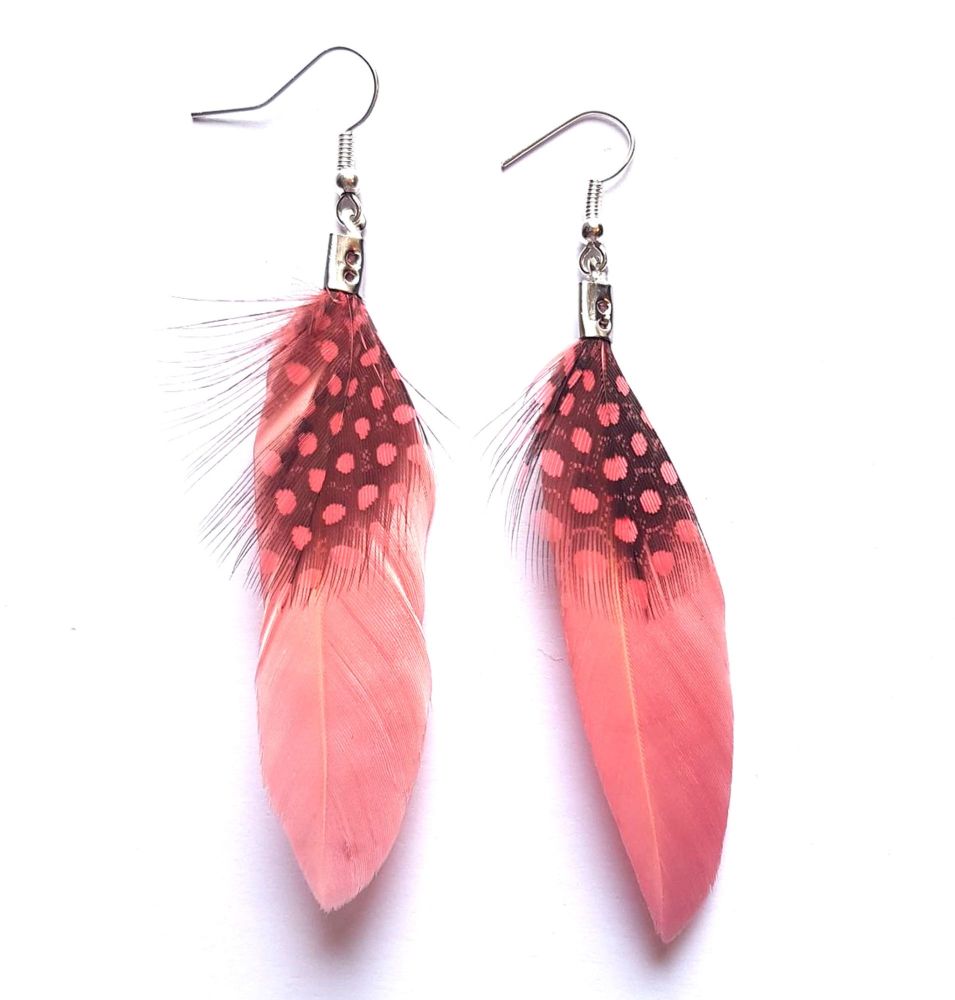 Rose Pink Goose and Guinea Feather Earrings 