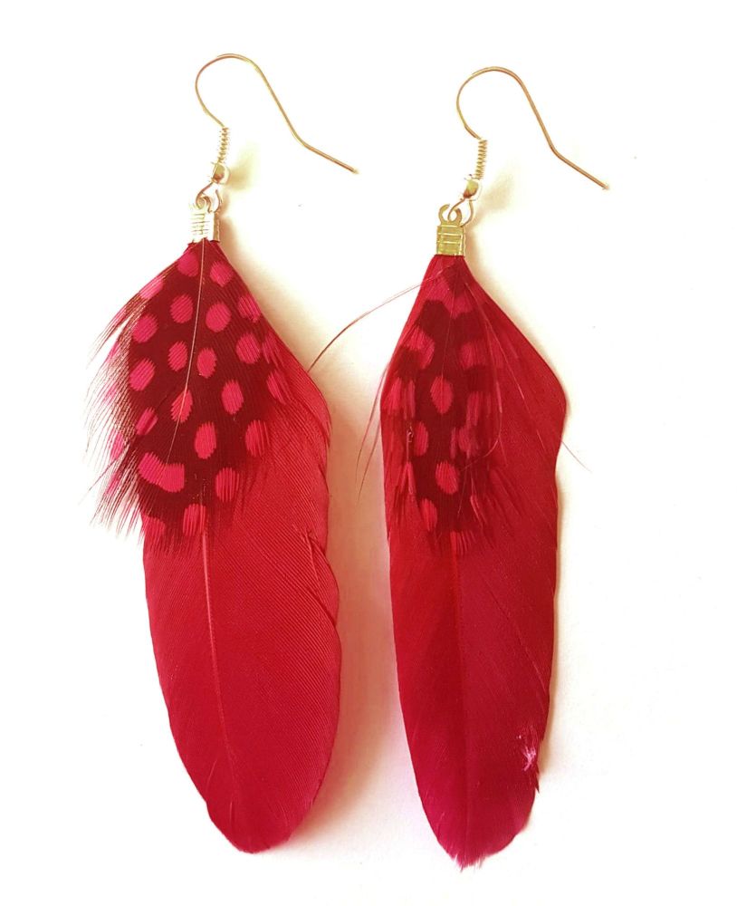 Red Goose and Guinea Feather Earrings 