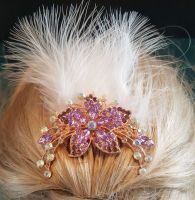 Feather Hair Comb Rose Gold with Lilac Gems and White Feathers